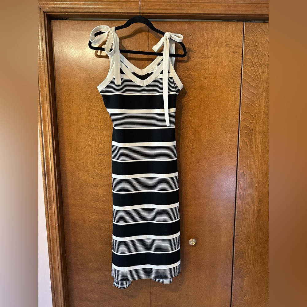 Black & White Striped Bow Midi Dress